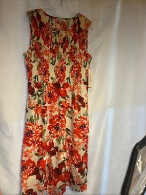 Calvin Klein Cream Midi Dress with Red Floral Print